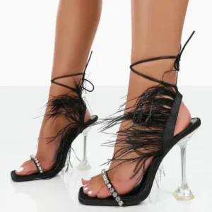 Bootsgear Women Fashion Sexy Rhinestone Feather Decorative Solid Color High Heel Sandals Shoes