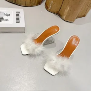 Bootsgear Women Fashion Sexy Feather Decoration Solid Color Chunky High Heel Slippers Shoes