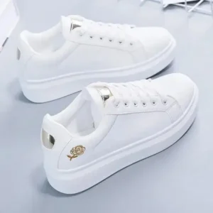 Bootsgear Women Casual Fashion Rose Embroidery Thick-Soled Comfortable PU Leather White Sneakers