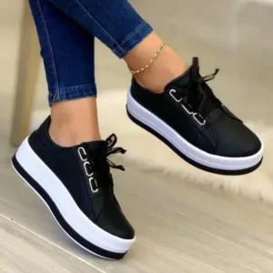 Bootsgear Women Casual Round Toe Lace-Up Block Color Platform Shoes PU Sneakers