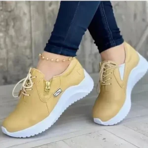 Bootsgear Women Casual Round Toe Low Cut Lace-Up PU Side Zipper Design Solid Color Sneakers