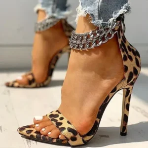 Bootsgear Women Sexy Metal Chain Buckle Ankle Strap Animal Printed High Heels