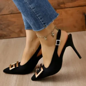 Bootsgear Summer Women Fashion Casual Plus Size Solid Color Pointed Toe Metal Buckle Sling Back High Heel Sandals