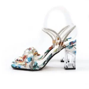 Bootsgear Women Fashion Sexy PU Rhinestone Floral Printed Square Toe Chunky Heel ?Sandals