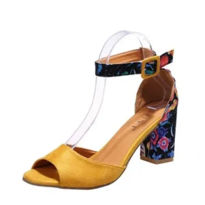 Bootsgear Women Fashion Sexy PU Floral Printed Peep Toe Chunky Heel Ankle Strap Buckle Sandals