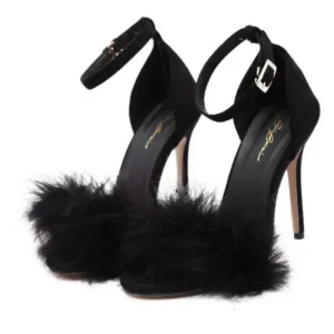 Bootsgear Women Fashion Sexy PU Solid Color Feather Peep Toe Stiletto Heel Ankle Strap Buckle Sandals