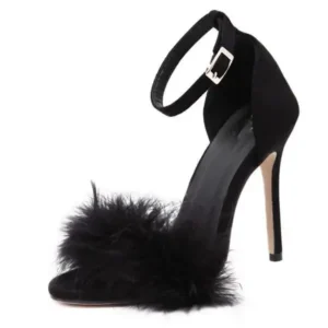 Bootsgear Women Fashion Sexy Solid Color Feather Peep Toe Stiletto Heel Ankle Strap Buckle Sandals