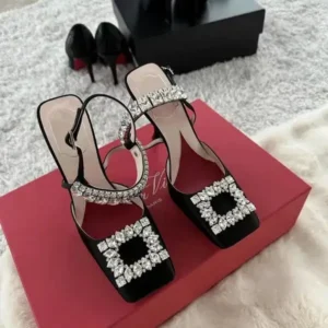 Bootsgear Women Fashion Elegant PU Square Toe Rhinestone Stiletto Heel Ankle Strap Buckle Sandals