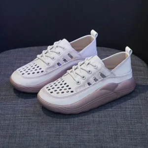 Bootsgear Women Fashion Casual Solid Color PU Lace-Up Hollow Breathable Sneakers