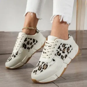 Bootsgear Women Fashion Round Toe Stitching Lace Up Low Top Leopard Sports Sneakers